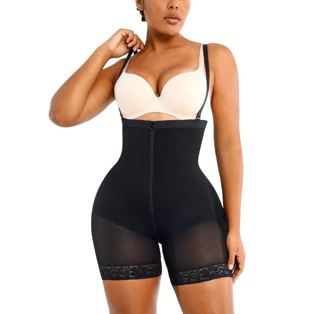 Mesh Panels Full Front Zipper Form-Fitting Firm Compression Shaping Bodysuit